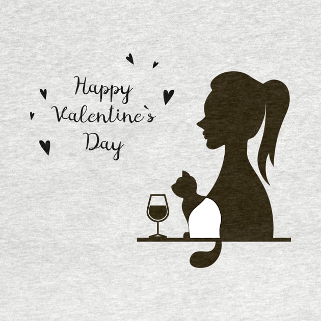 Happy Valentine`s Day female silhouette with the silhouette of a cat and a glass of wine by satinrain